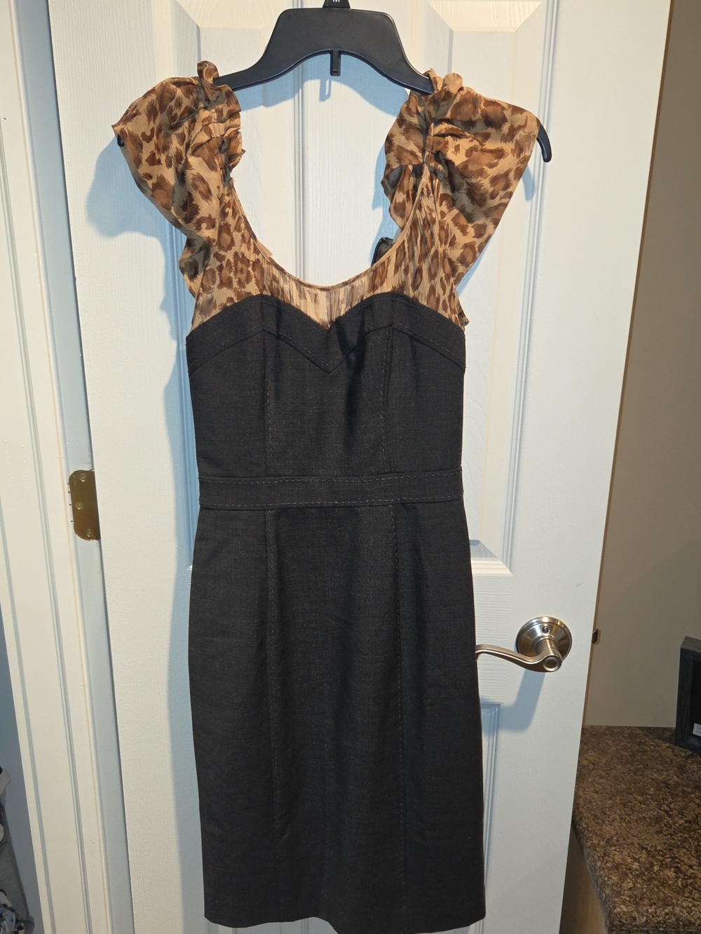 Rebecca Taylor Black Midi Dress with Leopard Ruffle Shoulders